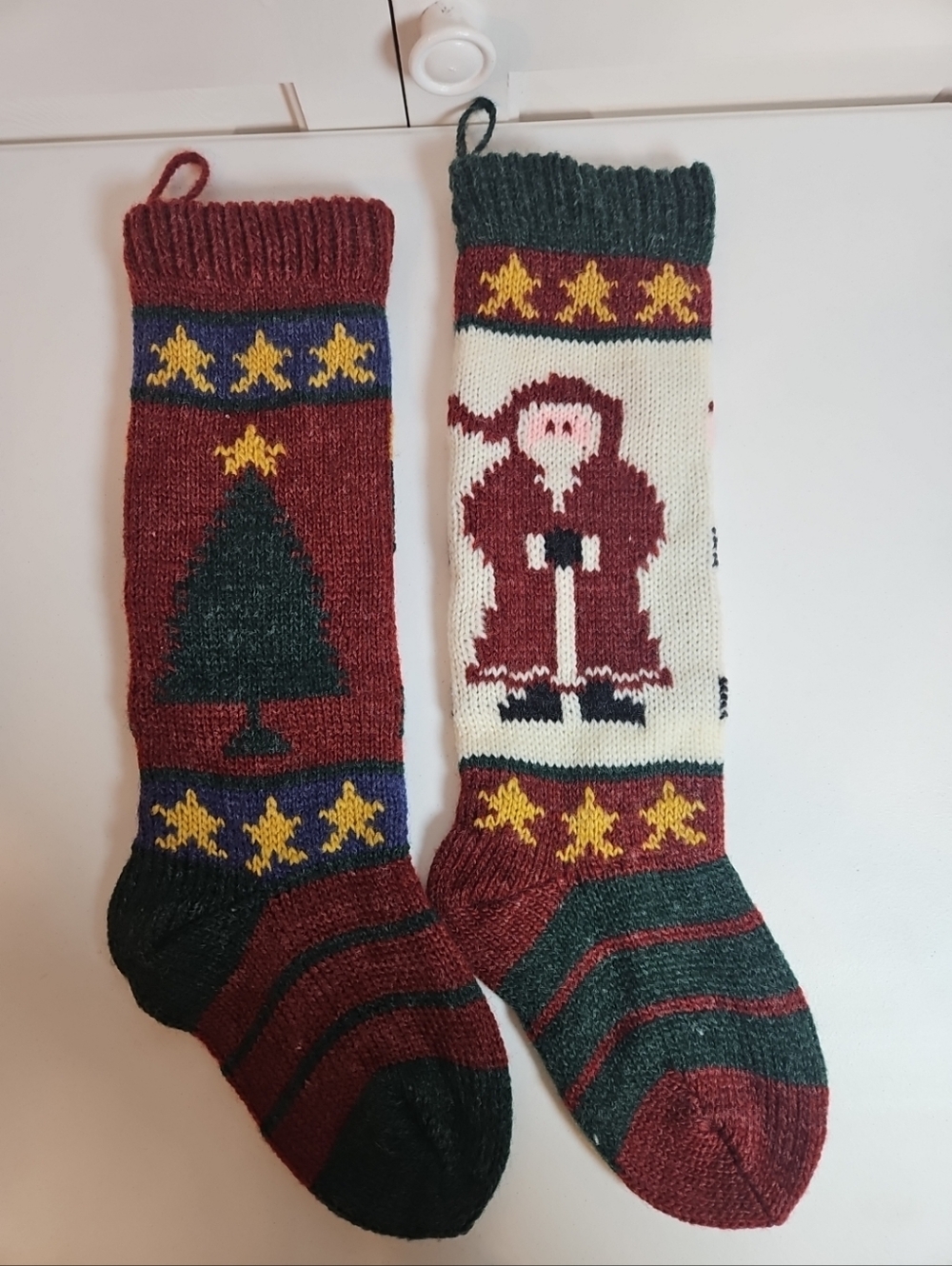 2 Vintage Wool Knit Christmas Stockings 20" Santa Tree Primitive Decor Holiday